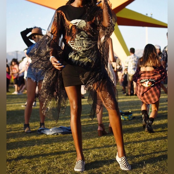 Black Graphic T-Shirt Dress with Sheer Overlay - Picture 1 of 5